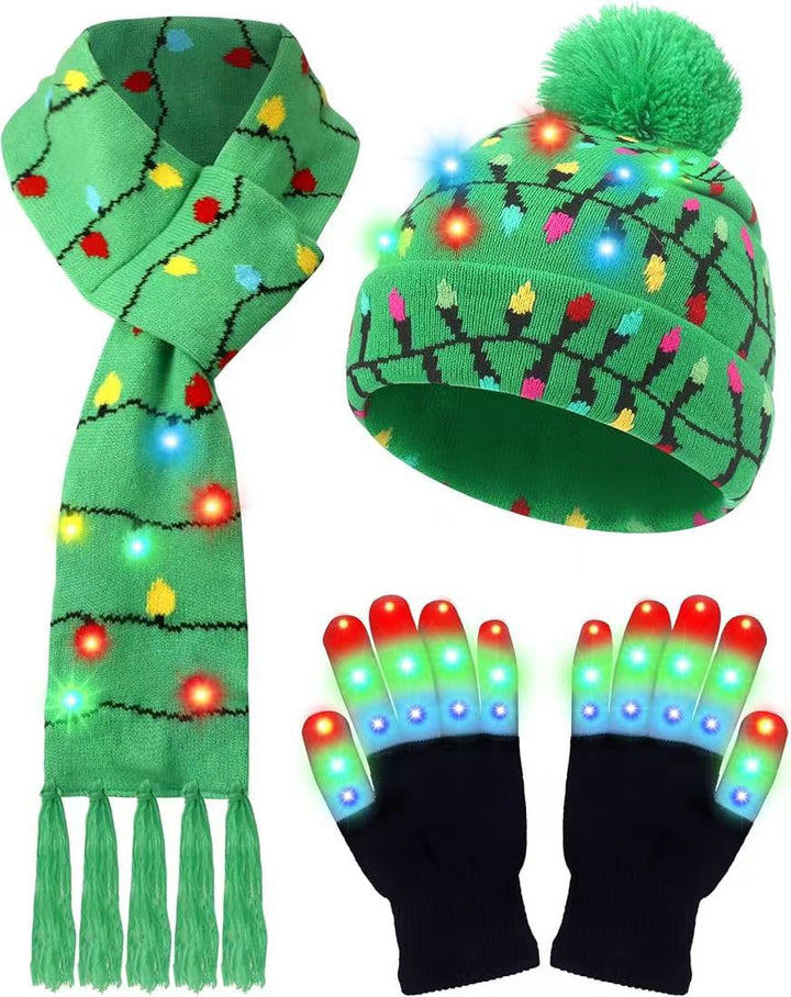 LED Christmas Knitted Hat Scarf Gloves Three-piece Set - Trendex