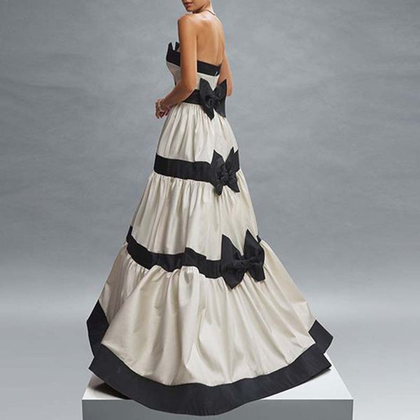 Tube Top Contrast Color Striped Bow Decoration Dress - Trendex