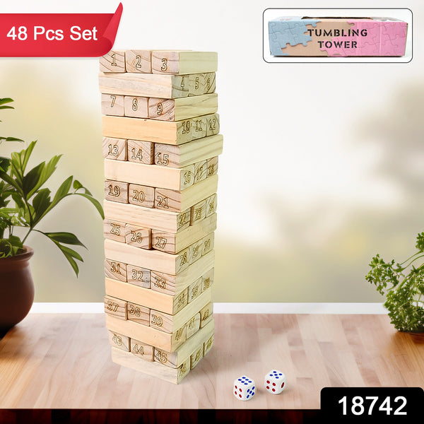 Wooden Tumbling Stacking Tower Game (48 Pcs Blocks 2 Dices) - Trendex