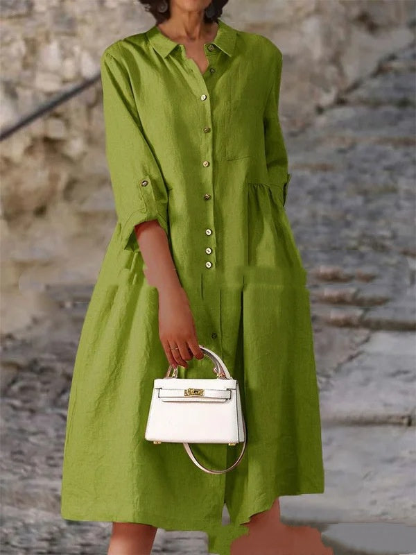 Pure Cotton And Linen Solid Color Loose Pocket Dress - Trendex