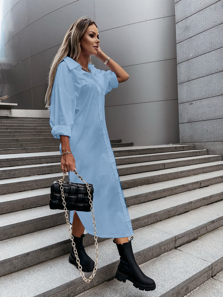 Autumn Fashionable With Side-slit Loose Casual Solid Color Shirt Dress - Trendex