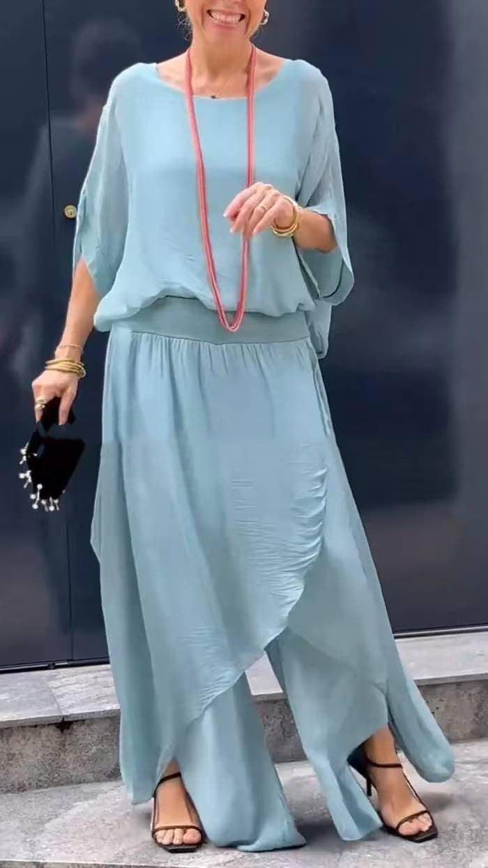 Loose Comfortable Top Split Wide Leg Pants Chiffon Casual Suit - Trendex