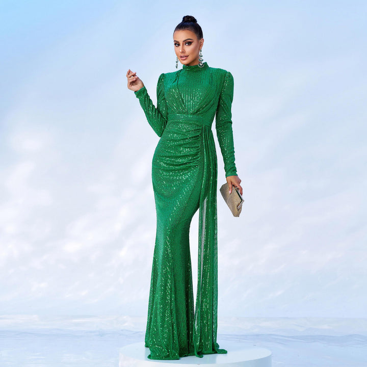 Long Sleeve Round Neck Sexy Slim Long Sequined Banquet Dress - Trendex