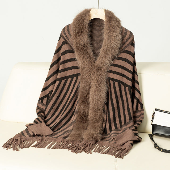 European And American Fall Winter Fashion Striped Tassel Knitted Shawl Cape - Trendex