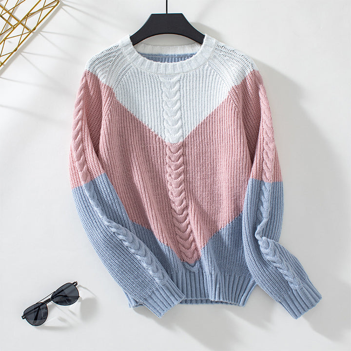 Contrast Color Twisted Women's Sweater Retro Loose Top - Trendex