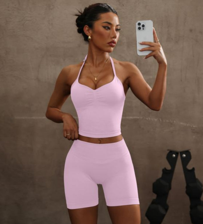 Halter Spaghetti Straps Exercise Vest High Waist Crimp Shorts Suit - Trendex