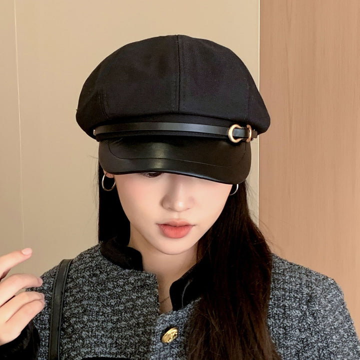 Casual Face-showing Small Peak Cap Octagonal Cap Leather Brim Hat With Buckle - Trendex