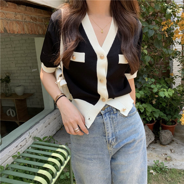 Classic Style Color Matching Ice Silk Short-style Loose Slimming Knitted Thin Top - Trendex