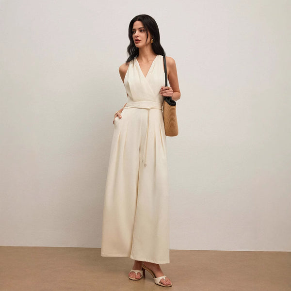 Women's Solid Color And V-neck Sleeveless Fashion Casual Jumpsuit - Trendex