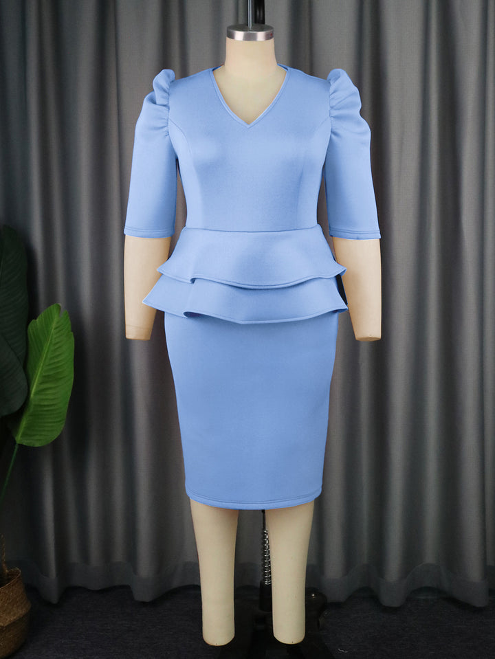 Pleated Sleeve Patchwork Meat Covered High Waist Dress - Trendex