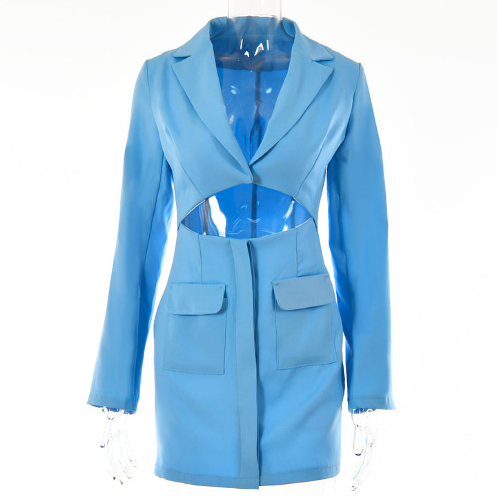 Blazer Dress Women Notched Collar Hollow Out Buttons Jacket - Trendex