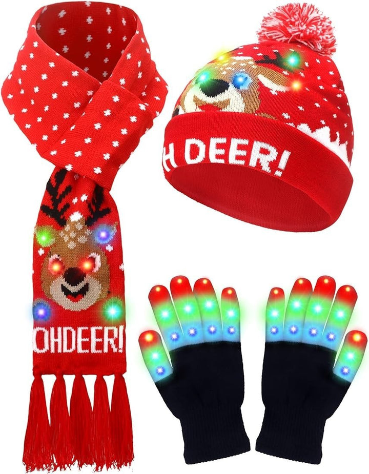 LED Christmas Knitted Hat Scarf Gloves Three-piece Set - Trendex