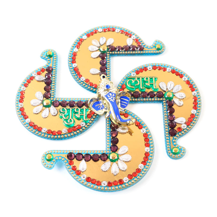 Golden Swastik Shubh Labh Wall Hanging With Ganesh Idol (1 Pc) - Trendex
