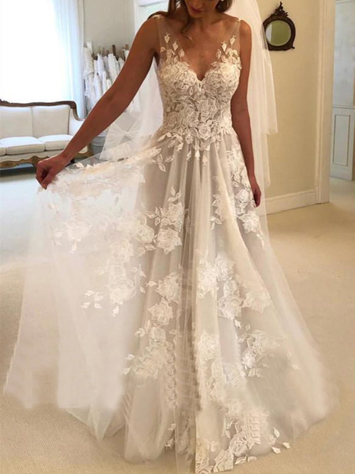 Double-shoulder Deep V-neck Slim-fit Lace Wrapped Shoulder Tail Wedding Dress - Trendex