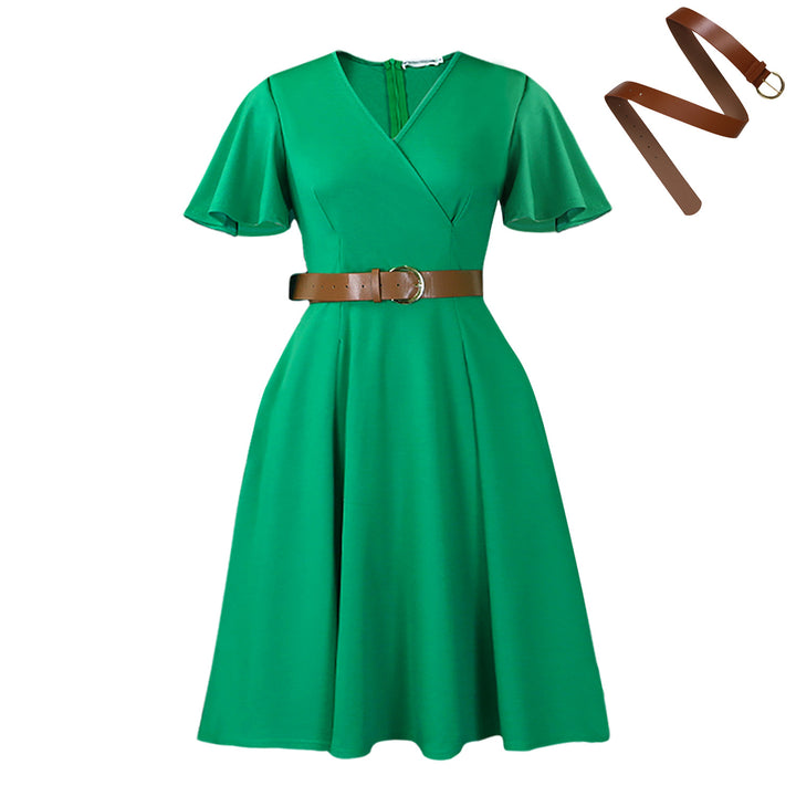 New V-neck Bell Sleeve Casual A- Line Women's Dress - Trendex