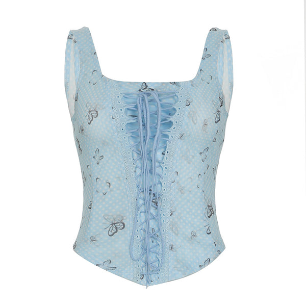 French Style Girl Square Collar Butterfly Printed Mesh Sling Top - Trendex