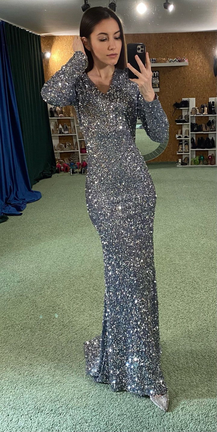 Grey Long Sleeve Sequin Evening Dress - Trendex