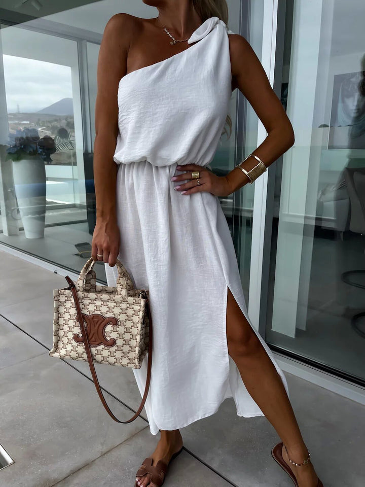 Slant Shoulder Sleeveless Split Large Swing Dress - Trendex