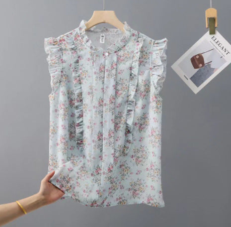 Sleeveless Ruffled Floral Women's Loose Sweet Chiffon Printed Top - Trendex