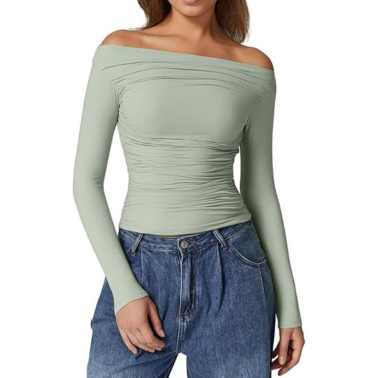 European And American Women's Clothing Top Off-shoulder Long Sleeve T-shirt - Trendex