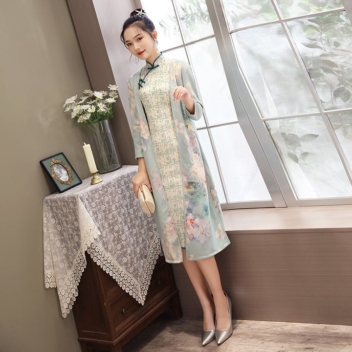Women's Medium Length Cheongsam With Suede And Aodai Dress - Trendex