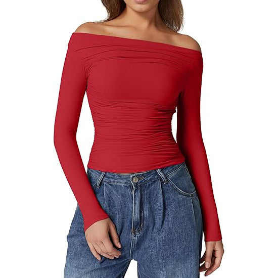 European And American Women's Clothing Top Off-shoulder Long Sleeve T-shirt - Trendex
