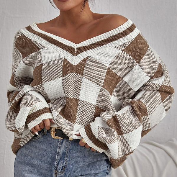 Color-contrast Check Sweater Pullover Loose - Trendex