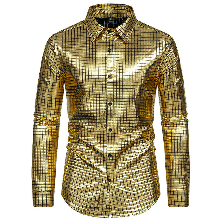 Plaid Bronzing Printed Stage Costume European Size Men's Long-sleeved Shirt - Trendex