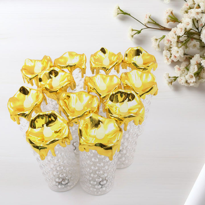8441 Gold Flameless Candles Led Light Flameless And Smokeless Decorative Candles Led Tea Light Candle Perfect For Gifting Home Diwaliwedding Christmas Crystal Candle Lights Table Decorations (12 Pc Moq) - Trendex