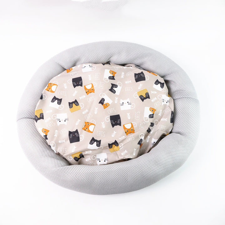 Round Soft Plush Cat Bed With Cartoon Cat Print Cushion  1 Pc - Trendex