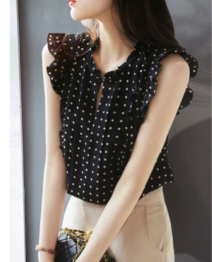 Sleeveless Ruffled Floral Women's Loose Sweet Chiffon Printed Top - Trendex
