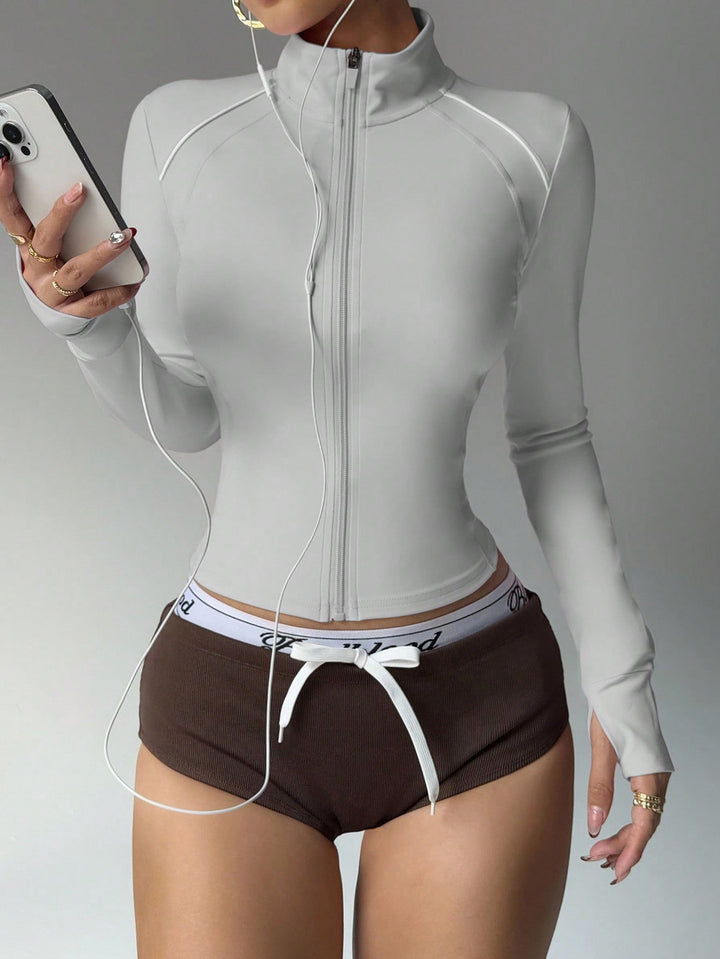 Short Contrast Color Sports Yoga Jacket Fitness Zip Long Sleeve Coat - Trendex