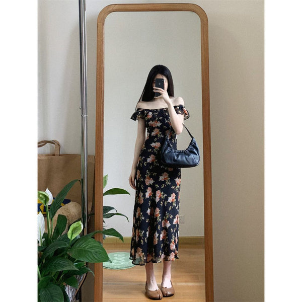 French Romantic Off-shoulder Black Shivering Dress - Trendex
