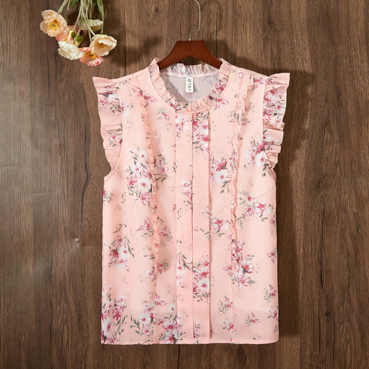 Sleeveless Ruffled Floral Women's Loose Sweet Chiffon Printed Top - Trendex