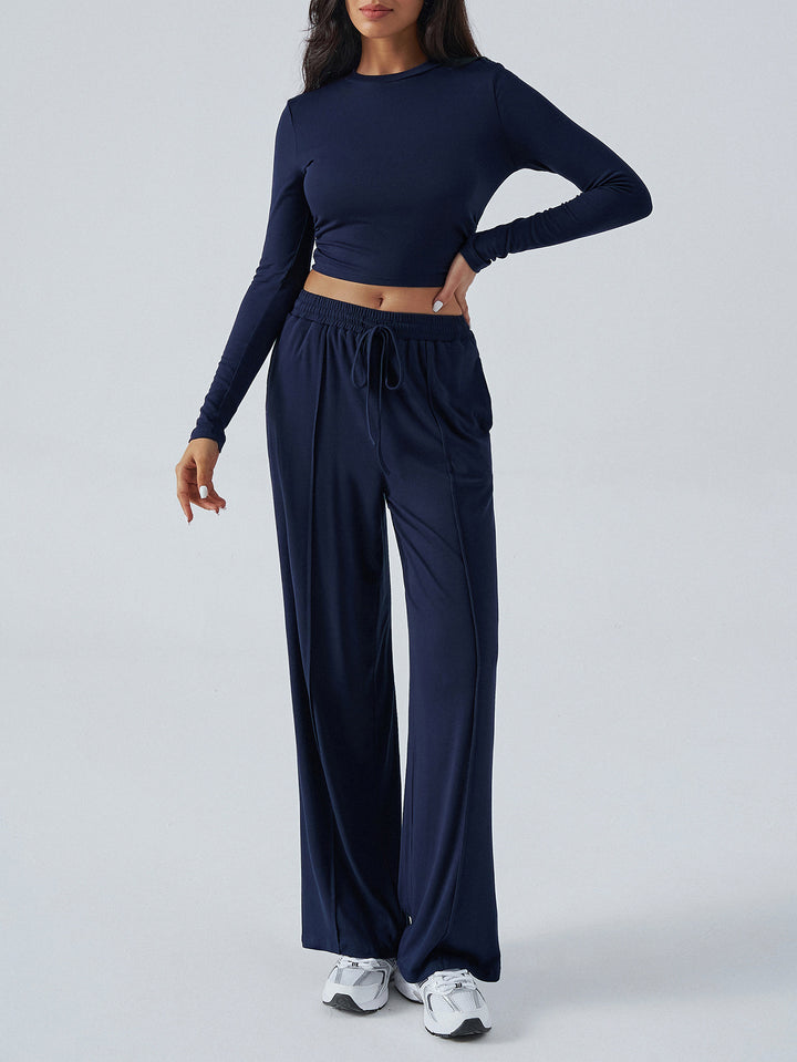 Tether Solid Color Waist Tight Fashion Wide Leg Casual Trousers Suit - Trendex