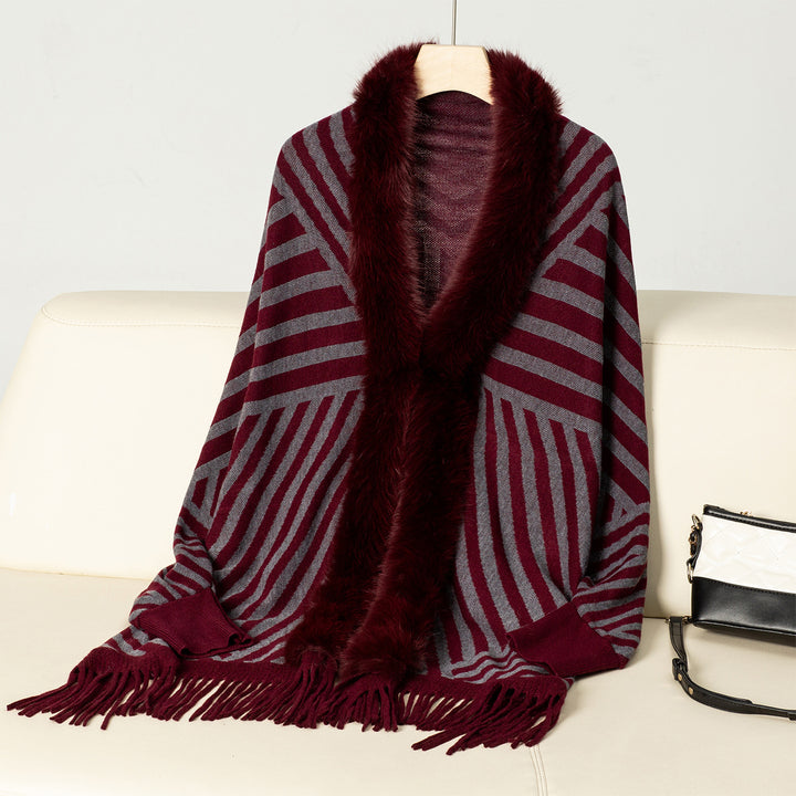 European And American Fall Winter Fashion Striped Tassel Knitted Shawl Cape - Trendex