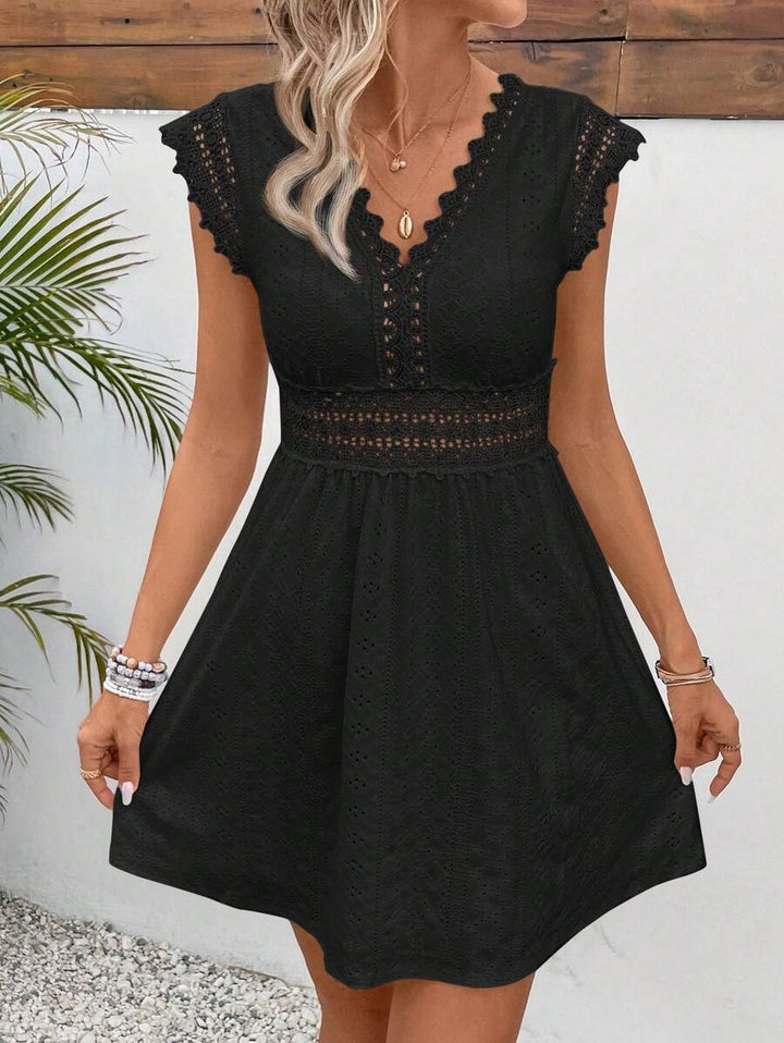 Lace V-neck Patchwork Shoulder Ruffled Sleeveless Dress - Trendex