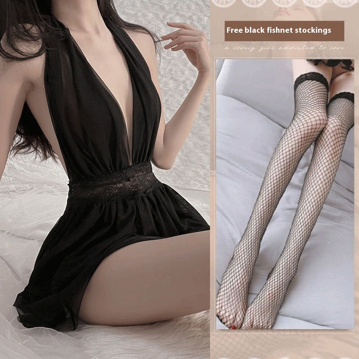 French Mesh Backless Halter Sexy And Breathable Nightdress For Women - Trendex