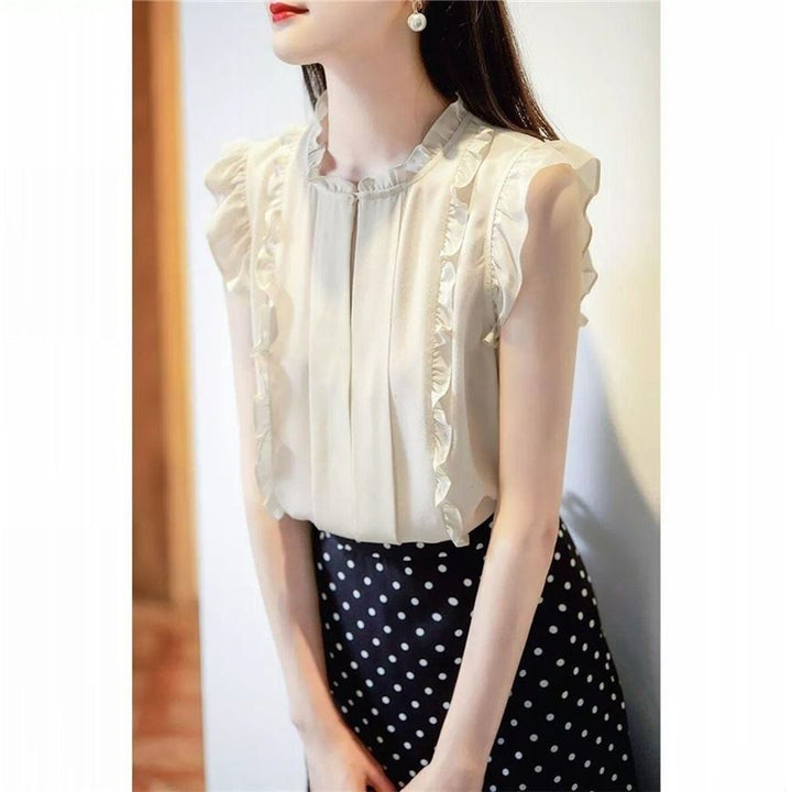 Sleeveless Ruffled Floral Women's Loose Sweet Chiffon Printed Top - Trendex
