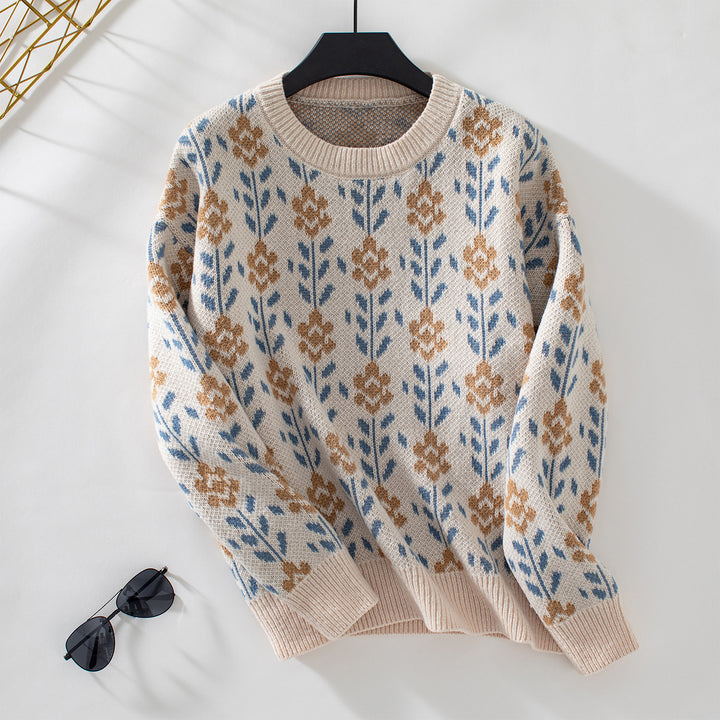 Flower Jacquard Pullover Women's Sweater - Trendex