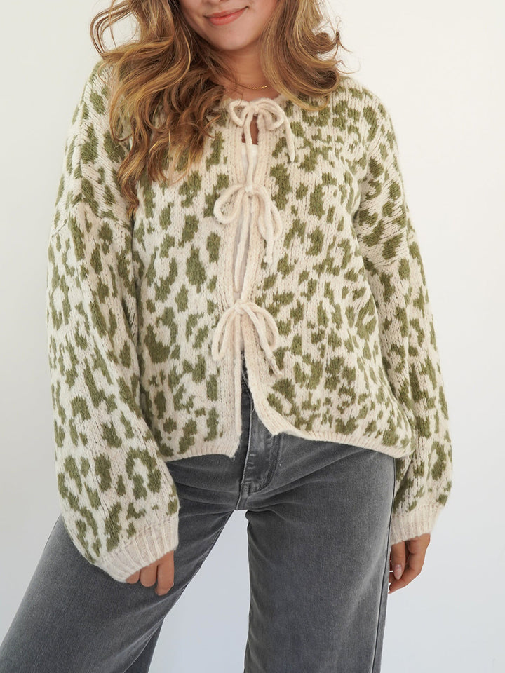 Round Neck Tied Leopard Print Knitted Cardigan Sweater - Trendex