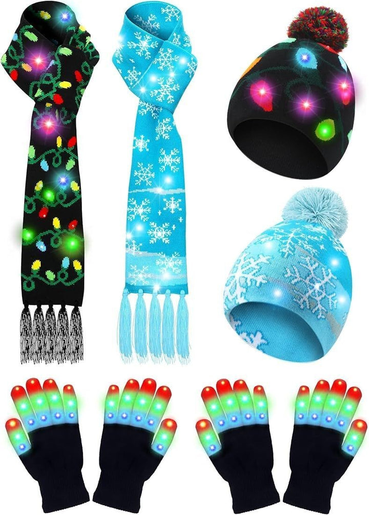 LED Christmas Knitted Hat Scarf Gloves Three-piece Set - Trendex