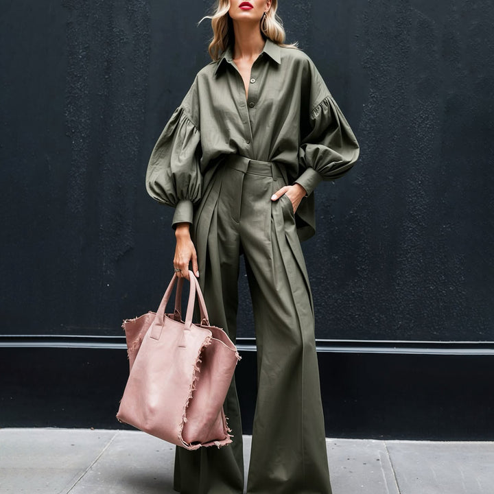 Long-sleeved Shirt Wide-leg Pants Cotton And Linen Two-piece Suit - Trendex
