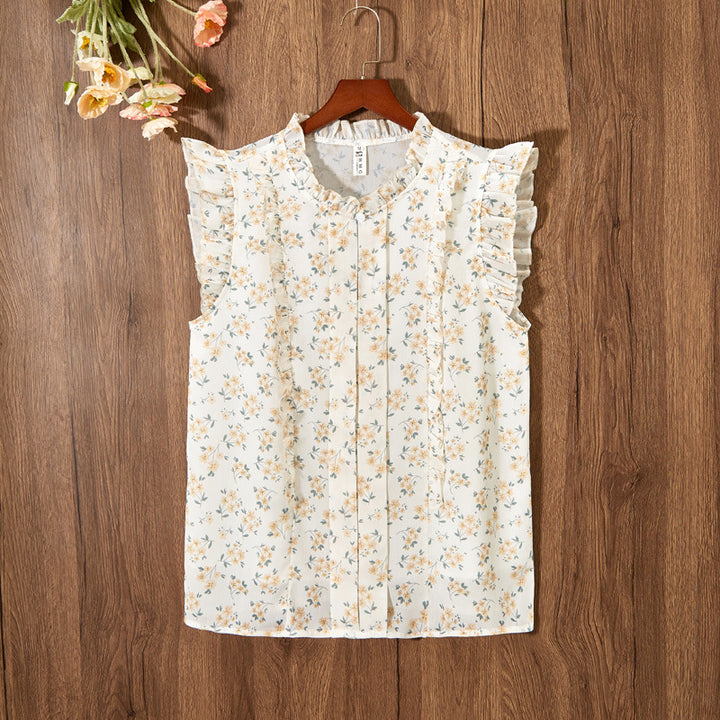 Sleeveless Ruffled Floral Women's Loose Sweet Chiffon Printed Top - Trendex