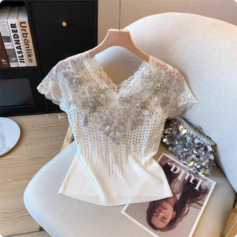 Exquisite Rhinestone Lace V-neck Knitted Women's Flounced Sleeve Top - Trendex