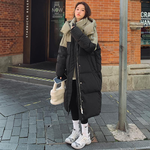 Women's Mid-length Loose Contrast Patchwork Down Cotton-padded Jacket - Trendex