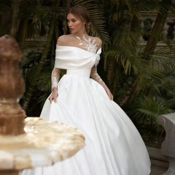 Raglan Sleeve Long Sleeve White Tutu Skirt Satin Wedding Dress - Trendex