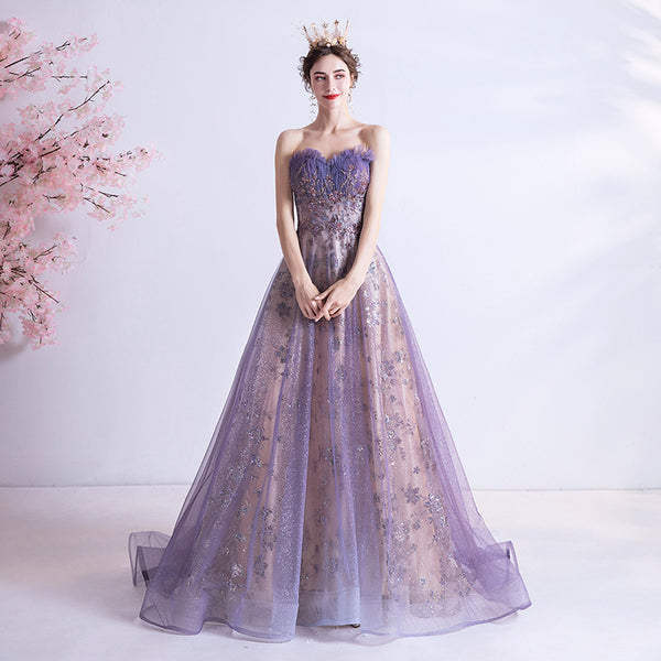 Strapless Purple Sequin Starry Dress Wedding Dress - Trendex
