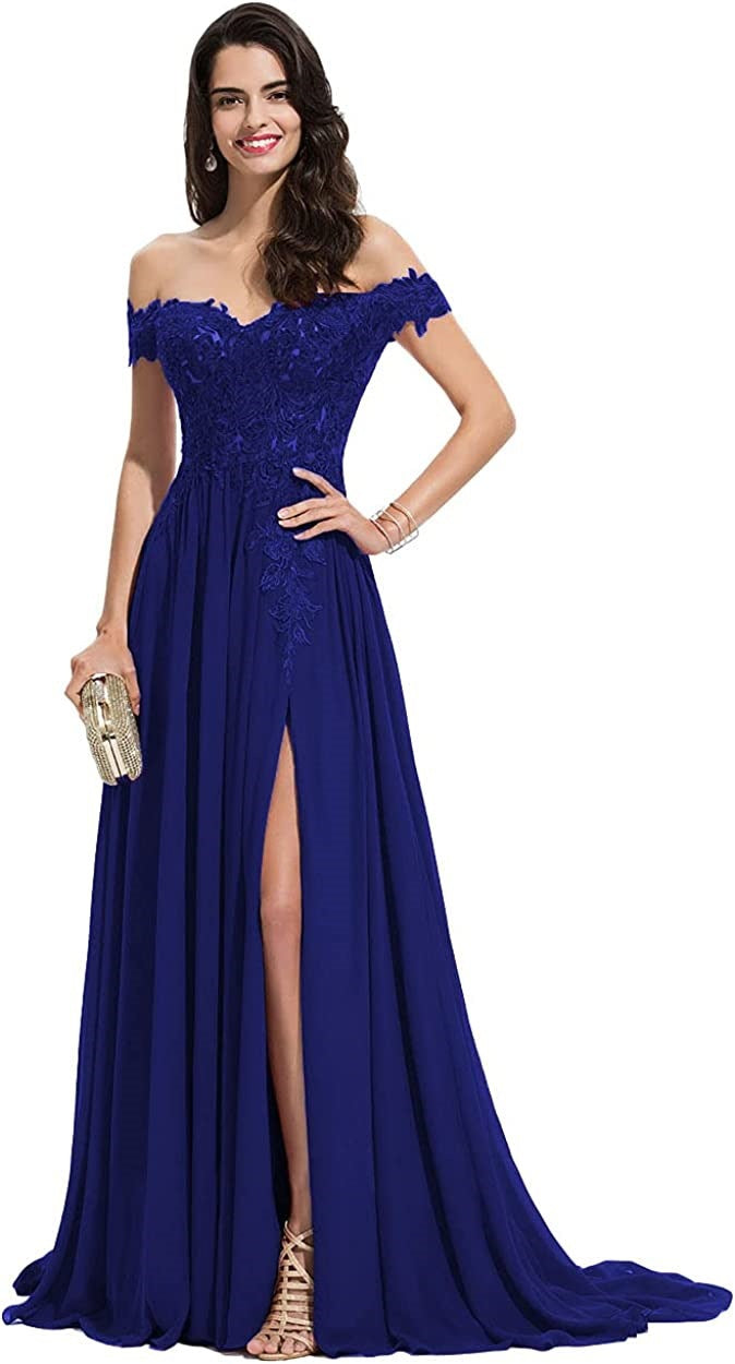 Women's Off-shoulder Shoulder-baring Long Prom Dress Slit Lace - Trendex