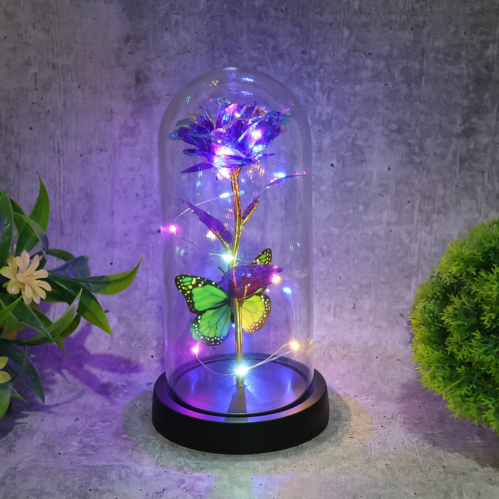 Led Preserved Rose With Colorful Butterfly In Plastic Dome (1 Pc  Mix Color) - Trendex